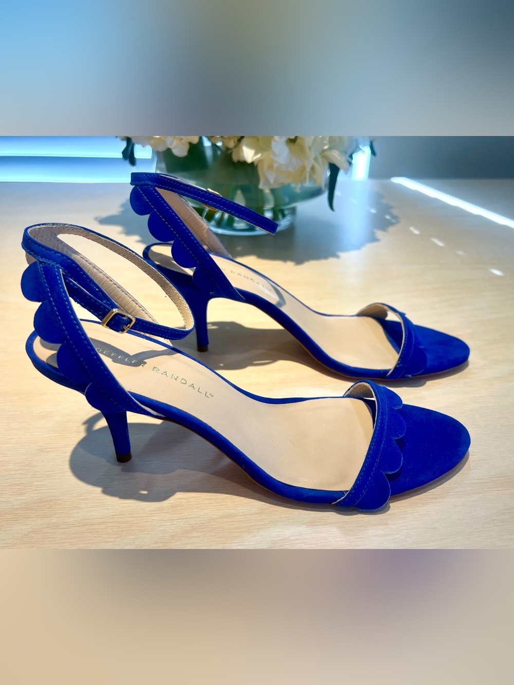 Loeffler Randall Royal Blue Scalloped Strap Kitten Heel Sandals